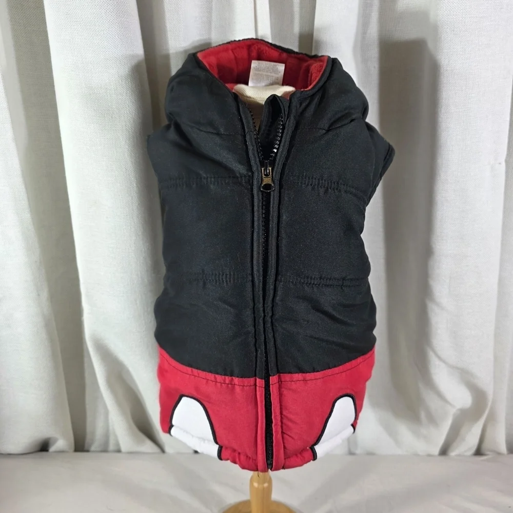 Disney Mickey Mouse Toddler Hooded Puffer Vest 3T Black Red Fleece Lined